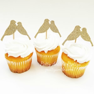 Glitter Love Birds Cupcake Toppers: Wedding Anniversary Party Decor