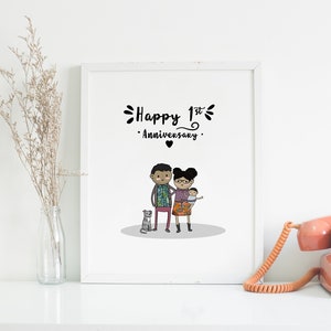 First Anniversary Paper Anniversary Couple Custom Portrait Family art 1st Anniversary Paper Gift, wedding portrait, family portrait image 1