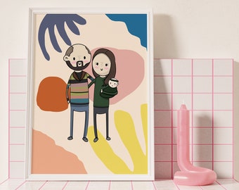 Custom Illustrated Couple Art Print | Family Illustrated Poster | Wedding Gift | Anniversary Gift | Custom Portrait | Illustrated Portrait