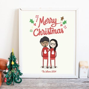 Lindo retrato navideño, ilustración familiar personalizada, dibujo navideño personalizado, impresión de dibujos animados festivos, regalo único para ella o para él