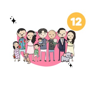 12 PEOPLE/PETS DIGITAL Custom Portrait, Cartoon Portrait, Unique Hand-Drawn Digital Portraits: Personalized Gifts in Just Days!