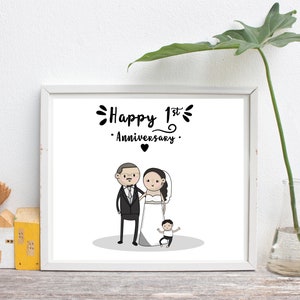 First Anniversary Paper Anniversary Couple Custom Portrait Family art 1st Anniversary Paper Gift, wedding portrait, family portrait image 7