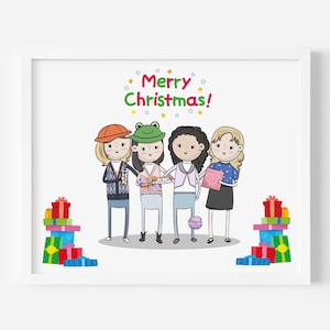 Custom Family Portrait with Presents, Personalized Holiday Illustration, Christmas Cartoon Print, Perfect Festive Gift Idea