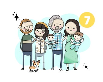 7 PEOPLE/PETS DIGITAL Custom Portrait, Cartoon Portrait, Unique Hand-Drawn Digital Portraits: Personalized Gifts in Just Days!