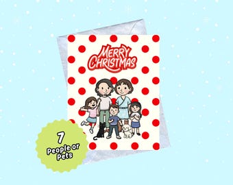 Red Polka Dot: 7 PEOPLE/PETS DIGITAL Custom Portrait Holiday Card for Christmas