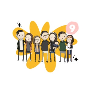 9 PEOPLE/PETS DIGITAL Custom Portrait, Cartoon Portrait, Unique Hand-Drawn Digital Portraits: Personalized Gifts in Just Days!