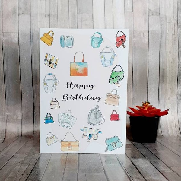 Designer Bag Birthday Card | Purse Happy Birthday Card | WaterColor Birthday Card