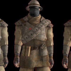 Peut inclure: Trois personnages en tenue post-apocalyptique. Chacun porte un uniforme beige, un casque avec des lunettes et un couvre-visage. Ils ont une armure de poitrine avec un emblème rouge et les lettres "NLR". Accessoires : ceinture, pochettes et gourde.