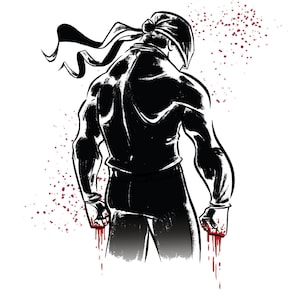 May include: Black and white illustration of a masked figure wearing a red bandana. The figure is standing with their back to the viewer, fists clenched, and blood dripping from their hands. The background is a white canvas with red splatters.