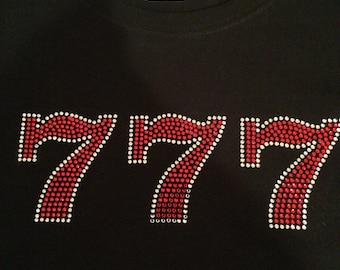 Triple 7 design (9" x 3.25") in brilliant clear and red rhinestones t-shirt, tank top or hoodie- **free shipping in the U.S.**