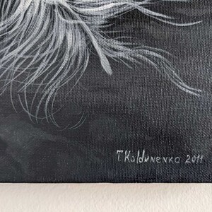 May include: A black and white painting of a horse's mane with the artist's signature "T. Koldunenko 2019" in the bottom right corner.