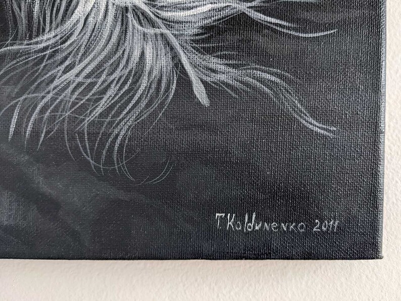 May include: A black and white painting of a horse's mane with the artist's signature "T. Koldunenko 2019" in the bottom right corner.
