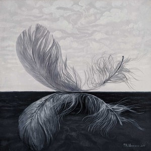 May include: A black and white painting of a feather against a cloudy sky. The feather is partially submerged in a dark body of water. The painting is signed "T.Kaldunenko 2017".