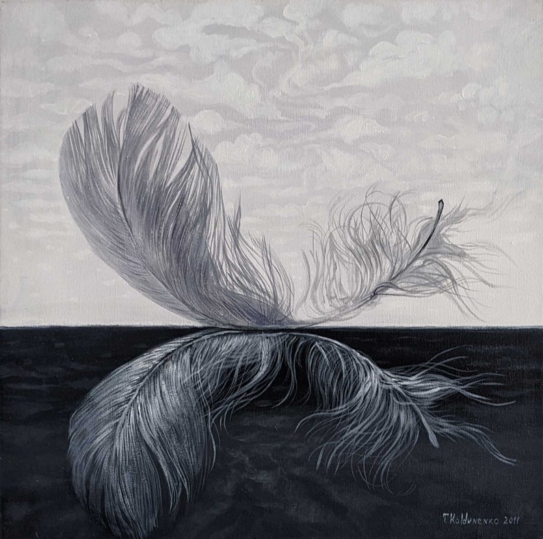 May include: A black and white painting of a feather against a cloudy sky. The feather is partially submerged in a dark body of water. The painting is signed "T.Kaldunenko 2017".