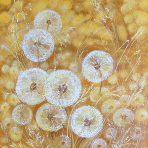 May include: A painting of a field of white dandelions with their seeds dispersed, set against a warm yellow background.