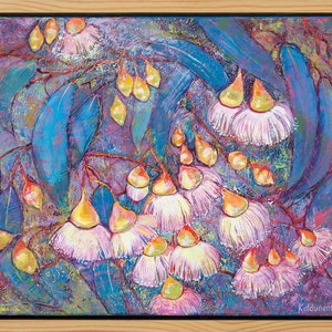 May include: A painting of a eucalyptus tree branch with pink and white flowers and yellow buds. The leaves are a deep blue-green and the background is a purple and blue abstract design. The painting is signed "Koldunenko 2023" in the bottom right corner.