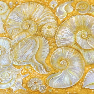 May include: A painting of a collection of seashells in various shapes and sizes. The shells are painted in shades of white and gold, and they are arranged on a yellow background.