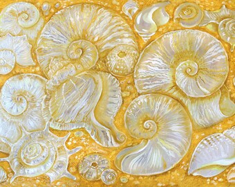 May include: A painting of a collection of seashells in various shapes and sizes. The shells are painted in shades of white and gold, and they are arranged on a yellow background.
