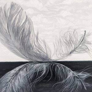 May include: A black and white painting of a single feather, with the top half of the feather on a white background and the bottom half on a black background.