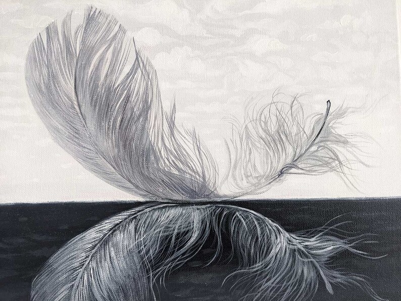 May include: A black and white painting of a single feather, with the top half of the feather on a white background and the bottom half on a black background.