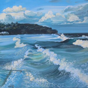 May include: A painting of a seascape with crashing waves and a rocky coastline in the distance. The sky is blue with white clouds.