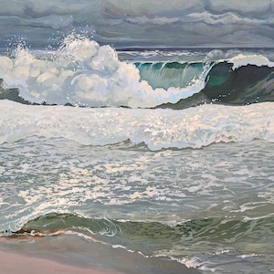 May include: An acrylic painting of ocean waves crashing against a sandy shore under a cloudy sky. The waves are depicted in shades of white, turquoise, and green, with the sky in gray and blue tones. The artwork is signed "T. Kelduneska 2022".