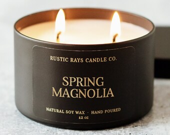 Spring Magnolia Candle 12 oz - Double Wick Soy Candle - Black Tin