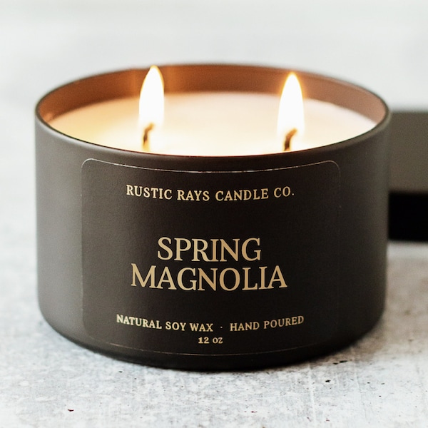 Spring Magnolia Candle 12 oz - Double Wick Soy Candle - Black Tin