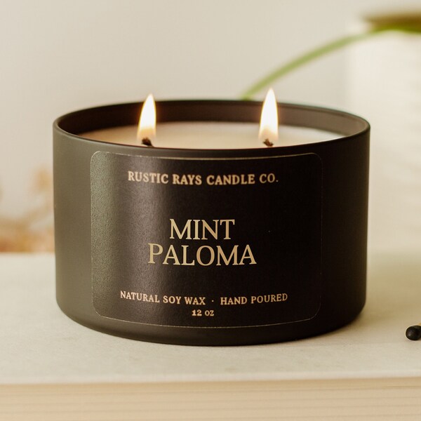 Mint Paloma Candle 12 oz - Double Wick Soy Candle - Black Tin - Grapefruit, Citrus, Mojito