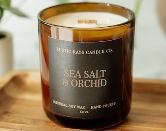 Sea Salt & Orchid Candle 14 oz - Crackling Wood Wick Soy Candle - Amber Jar - Jasmine, Lily of the Valley