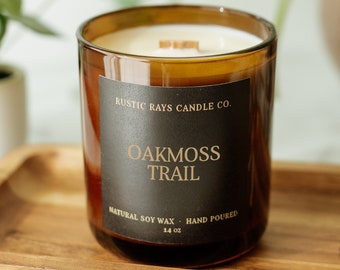 Oakmoss Trail Candle 14 oz - Crackling Wood Wick Soy Candle - Amber Jar