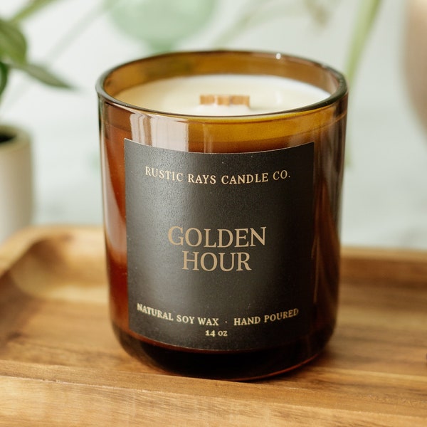 Golden Hour Candle 14 oz - Crackling Wood Wick Soy Candle - Amber Jar - Jasmine, Peach, Tonka Bean