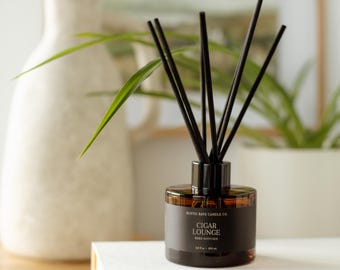 Cigar Lounge Reed Diffuser - Fiber Reed Diffuser - Flameless Fragrance - Bathroom - Tobacco, Leather, Smoke