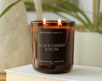 Black Cherry & Plum Candle 14 oz - 100% Soy Wax - Amber Glass Jar - Double Wick Candle - Summer