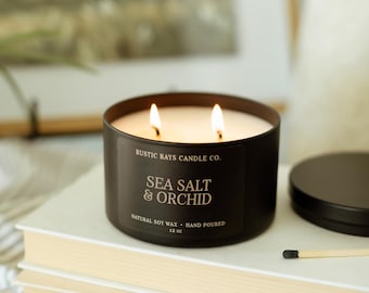 Sea Salt & Orchid Candle 12 oz - Home Fragrance - Double Wick Soy Candle - Black Tin - Jasmine, Lily of the Valley