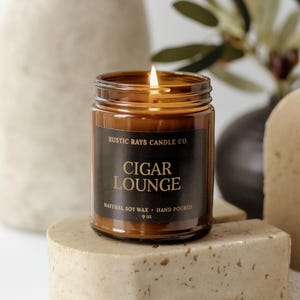 Cigar Lounge Candle - 100% Soy Candle - Cotton Wick - Phthalate Free - 9 oz Amber Jar Candle