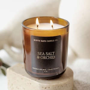 Sea Salt & Orchid Candle 14 oz - 100% Natural Soy Wax - Amber Glass Jar
