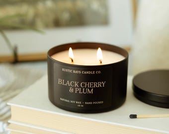Black Cherry & Plum Candle 12 oz - Summer Fragrance - Double Wick Soy Candle - Black Tin