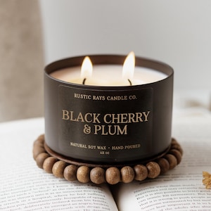 Black Cherry & Plum Candle 12 oz - Double Wick Soy Candle - Black Tin