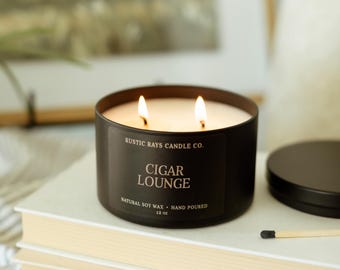 Cigar Lounge Candle 12 oz - Gifts for Him - Fathers Day - Double Wick Soy Candle - Black Tin