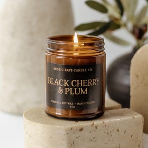 Black Cherry & Plum Candle - 100% Soy Candle - Cotton Wick - Phthalate Free - 9 oz Amber Jar Candle