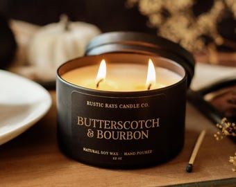 Butterscotch & Bourbon Fall Soy Candle - 12 oz Double Wick - Black Tin - Fall Home Fragrance