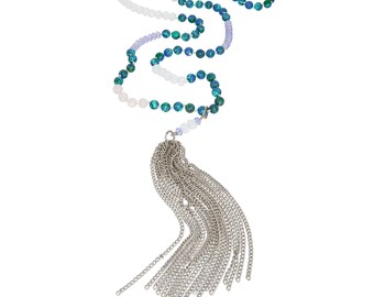 New Rose Quartz & Speckled Agate Semi Precious Hand Knotted Beaded Tassel Necklace