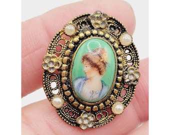 Antique Hand Painted Porcelain Czech Dress Clip (A355)