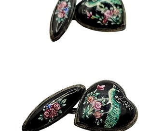 Antique Silver & Guilloche Pheasant Heart Cufflinks (A255)