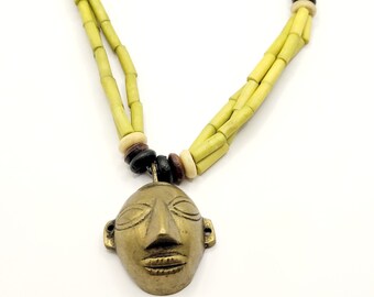 Brass Tribal Mask Vintage Pendant On Clay/Resin Beaded Necklace (A217)
