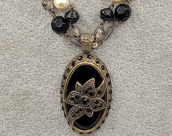 ART Deco Style Glass & Crystal Double Strand Pendant Necklace
