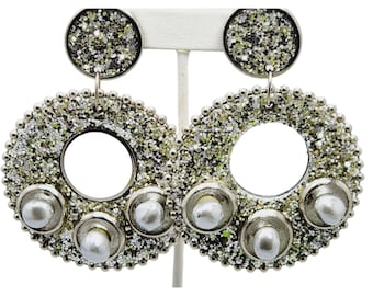 Vintage 80s Glitter Leather Backed Hoop Earrings (A788)