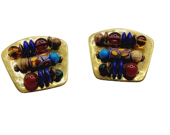 Vintage 80's Artisan Brass and Porcelain Earrings (A541)
