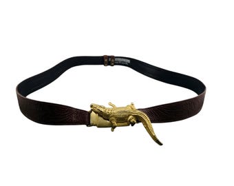 Glen Miller For Ann Turk 80s Alligator Buckle On Embossed Leather Strap Belt
